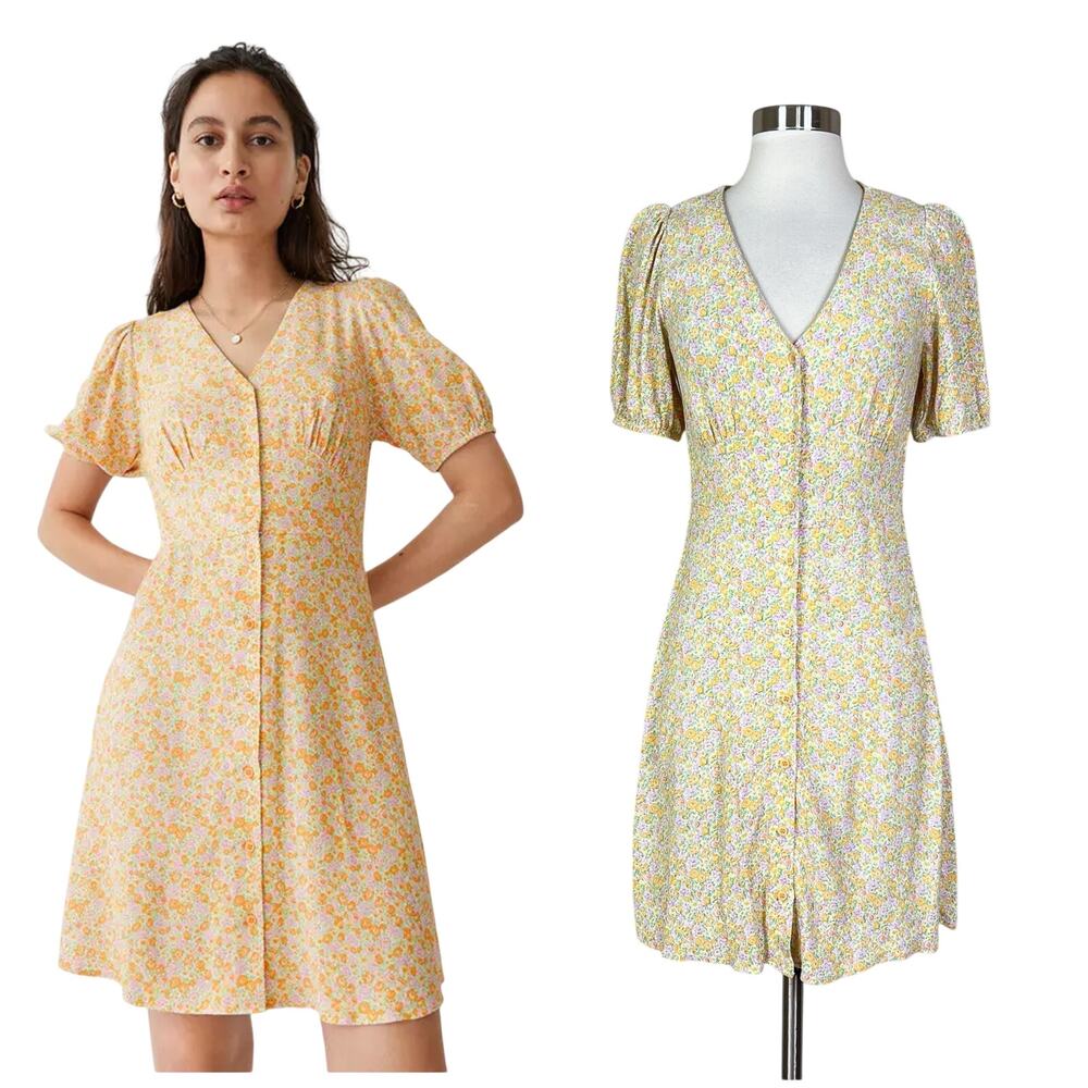 & Other Stories | Zora Yellow Floral V Neck Button Front Short Sleeve Mini Dress